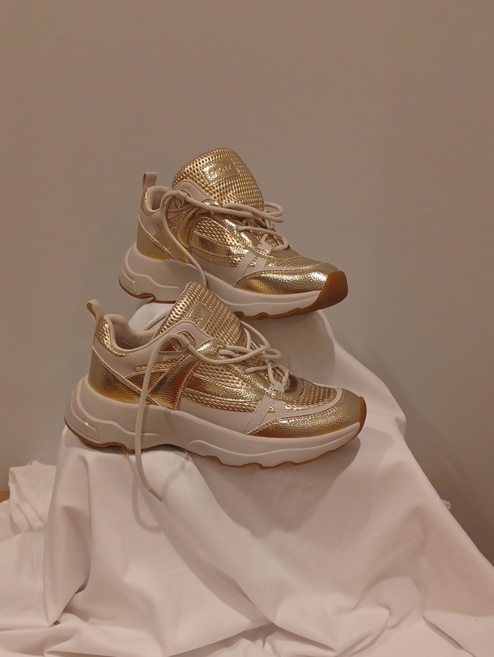 DKNY Metallic Gold and White Chunky Sneakers